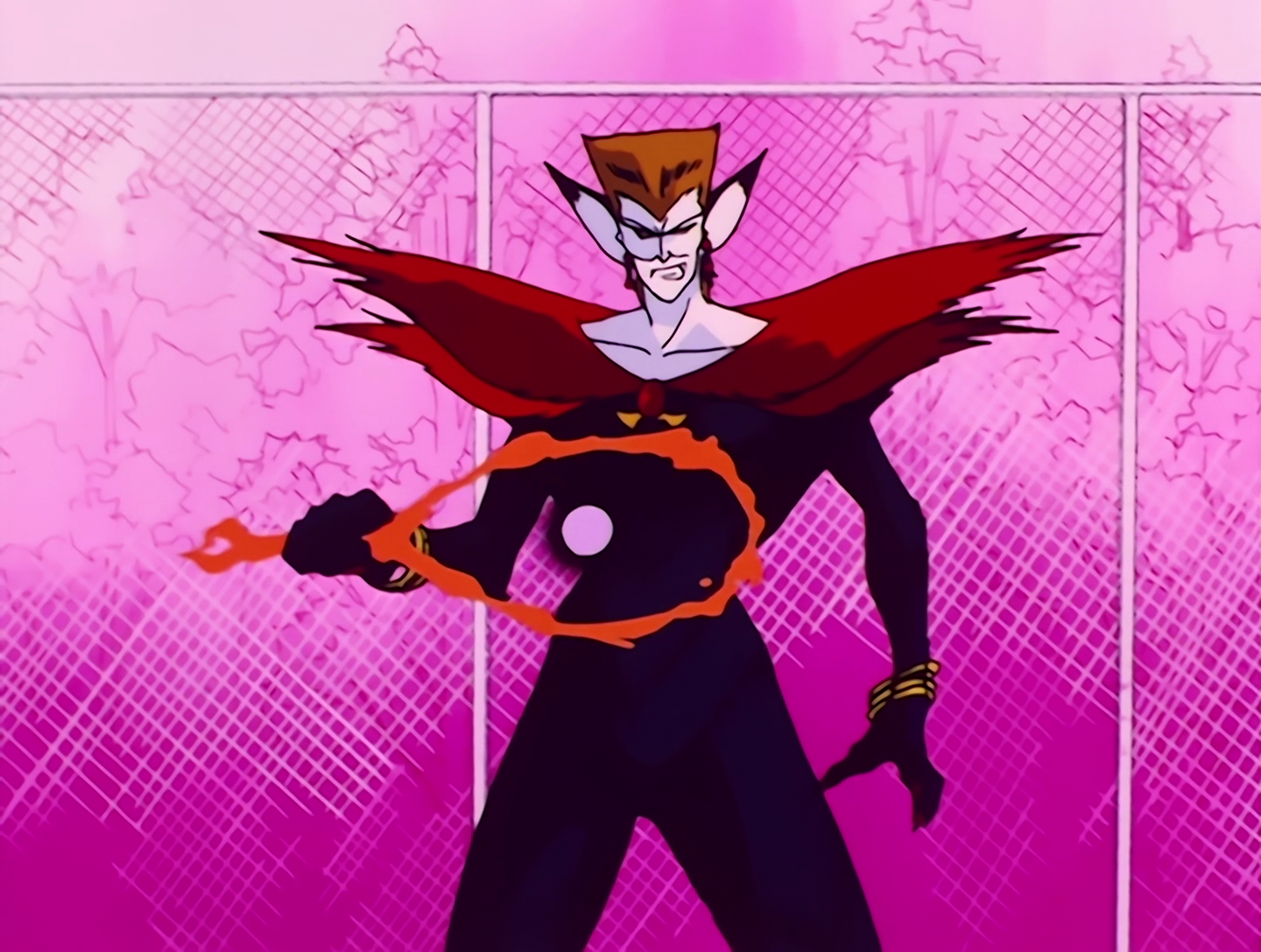 Tesuni, a Youma from Sailor Moon episode 14. She has pale white skin, spiked orange hair, and large pointed ears with black tips. Her outfit is mostly black, and flares out into huge red points at the shoulders. She’s holding a tennis racket made of flame, with a ball of energy hovering in front of it.
